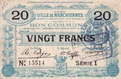 France Bon Communal 20 Francs - Ville de Marchiennes - 1915 - S�rie 1 N�15514