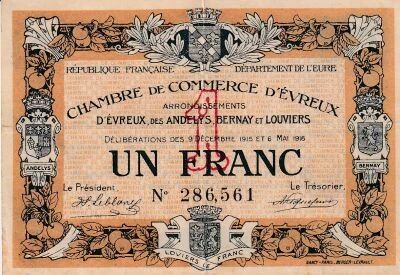 France Bon de n�cessit� 1 Franc Chambre de Commerce d\'�vreux - Guerre Europ�enne 1914-1915-1916
