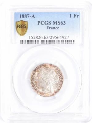 France Ceres - 1 Silver Franc, IIIrd Republic - 1887 A Paris