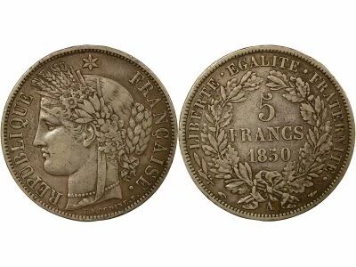 France C�r�s - 5 Francs Argent, IIe R�publique - 1850 A Paris