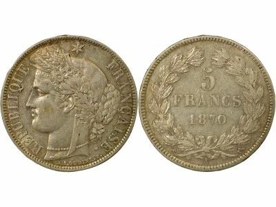 France C�r�s - 5 Francs Argent, sans L�gende - 1870 A Paris