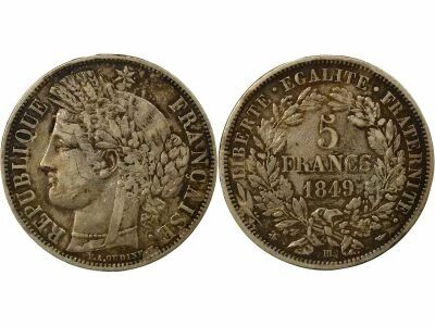 France Ceres - 5 Francs Silver 1849 BB Strasbourg