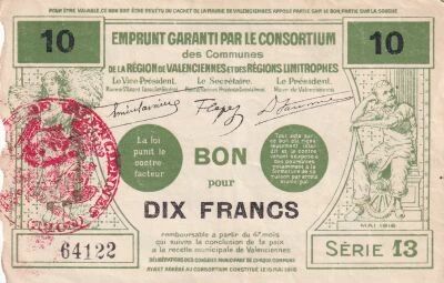 France Emergency Certificate, 10 Francs ? May 1916 ? Valenciennes ? Series 13