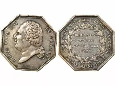 France Fire Insurance, Aisne, Marne, Aube, Louis XVIII - Silver Token - 1820