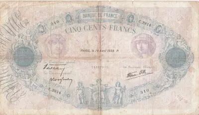 France France 500 Francs Pink and blue - 14.04.1938 - Serial C.2814 - Fay.31.08