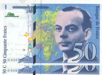 France Lot de 2 Billets - 50 Francs - Saint-Exup�ry - 1999 - S�rie H.048 - Num�ros Cons�cutifs