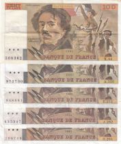 France Lot de 5 x 100 Francs Delacroix - années 1978 à 1995
