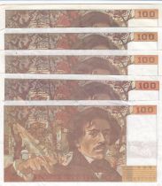 France Lot de 5 x 100 Francs Delacroix - années 1978 à 1995