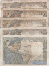 France Lot of 5 x10 Francs Miner - 1941 to 1947 - 5 issuing date - aF