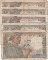 France Lot of 5 x10 Francs Miner - 1942 to 1944 - 5 issuing date - aF