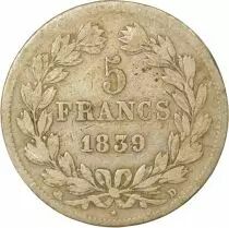 France Louis Philippe I - 5 Francs Argent, Tr. en Relief - 1839 D Lyon