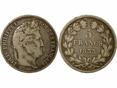 France Louis-Philippe I - 5 Silver Francs, Domard - 1833 Q Perpignan