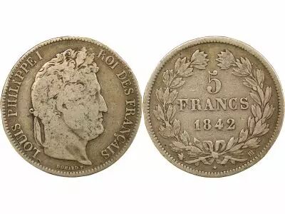 France Louis-Philippe I - 5 Silver Francs, raised edge - 1842 BB Strasbourg