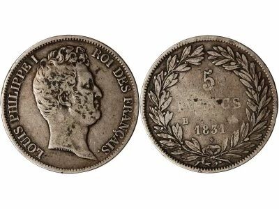 France Louis Philippe Ier - 5 Francs Argent, Tiolier, Tr. en Creux - 1831 B Rouen