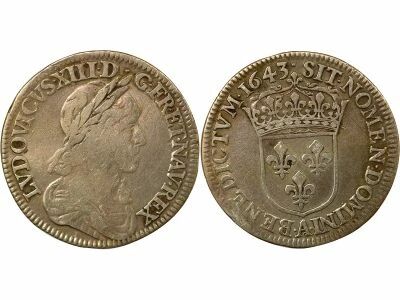 France Louis XIII - 1/4 Silver Ecu, 2nd Buste of Warin - 1643 A Paris (Louvre)