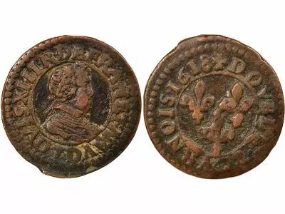 France Louis XIII - Double Tournois, Type 4 - 1618 D Lyon