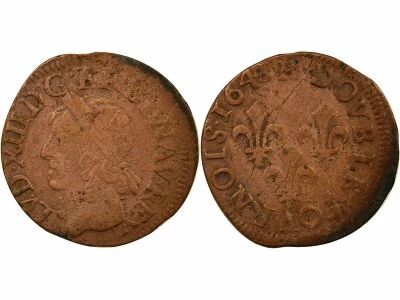 France Louis XIII - Double Tournois, Type de Warin - 1643 H La Rochelle