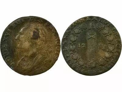 France Louis XVI, Constitution - 12 Deniers with Fasces - 1792 T Nantes