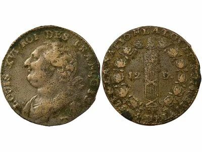 France Louis XVI, Constitution - 12 Deniers with Fasces - 1792 T Nantes