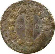 France Louis XVI, Constitution - 12 Deniers with Fasces - 1792 T. Saumur