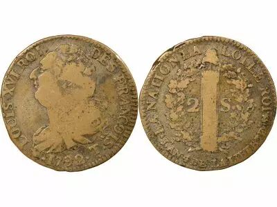 France Louis XVI, Constitution - 2 Sols au Faisceau - 1792 T. Saumur