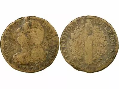 France Louis XVI, Constitution - 2 Sols with Fasces - 1792 T. Saumur