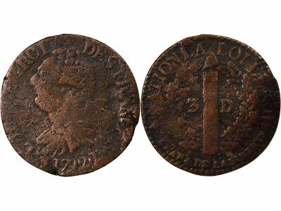 France Louis XVI, Constitution - 3 Deniers au Faisceau - 1792 D Lyon