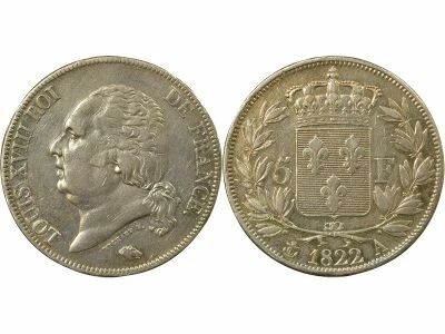 France Louis XVIII - 5 Francs Argent, T�te nue - 1822 A Paris