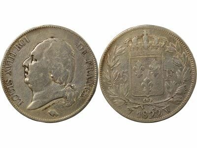 France Louis XVIII - 5 Francs Argent, T�te nue - 1822 W Lille