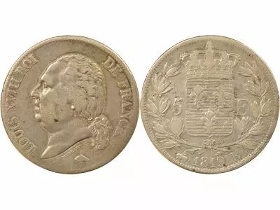 France Louis XVIII - 5 Silver Francs, Bare Head - 1819 B Rouen