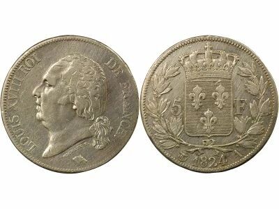 France Louis XVIII - 5 Silver Francs, Bare Head - 1824 A Paris