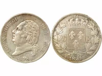 France Louis XVIII - 5 Silver Francs, Bare Head - 1824 W Lille