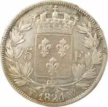 France Louis XVIII - 5 Silver Francs, Bare Head - 1824 W Lille