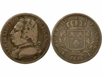 France Louis XVIII - 5 Silver Francs, Dressed up Bust - 1814 L Bayonne