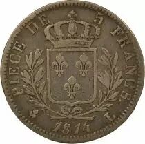 France Louis XVIII - 5 Silver Francs, Dressed up Bust - 1814 L Bayonne