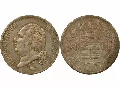 France Louis XVIII - 5 Silver Francs, Dressed up Bust - 1818 B Rouen