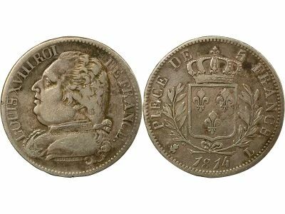 France Louis XVIII - 5 Silver Francs, with Dressed up Bust - 1814 L Bayonne
