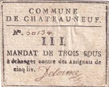 France Mandat de 3 Sous - Eure et Loir - Commune de Chateauneuf - 1792