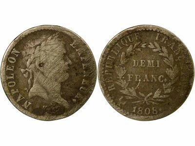 France Napol�on I - 1/2 Franc Argent, T�te Laur�e, R�publique - 1808 A Paris
