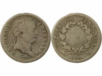 France Napol�on I - 1/2 Franc Argent, T�te laur�e, R�publique - 1808 K Bordeaux