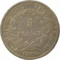 France Napoléon I - 5 Francs Argent, Tête laurée, République - 1808 M Toulouse