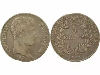 France Napol�on I - 5 Francs Argent, T�te nue, Cal. Gr�gorien - 1807 B Rouen