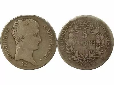 France Napoleon I - 5 Silver Francs, Bare Head, Greg. Calendar - 1807 L Bayonne