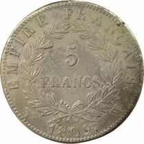 France Napoleon I - 5 Silver Francs, Empire - 1809 W Lille