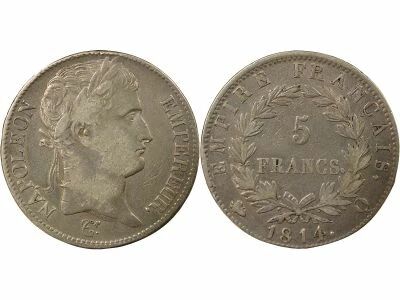 France Napoleon I - 5 Silver Francs, Empire - 1814 Q Perpignan