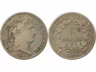 France Napoleon I - 5 Silver Francs, Laureate Head, Republic - 1808 BB Strasbourg