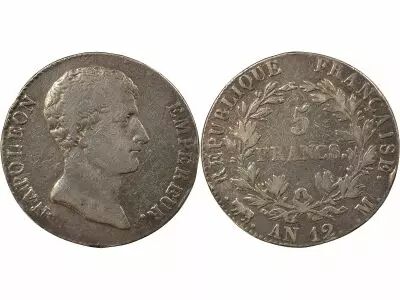 France Napoleon I - 5 Silver Francs, transitional type - Year 12 M Toulouse
