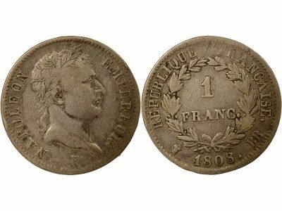 France Napol�on I - Franc Argent, T�te Laur�e, R�publique - 1808 BB Strasbourg