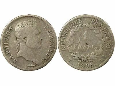 France Napoleon I - Silver Franc, Republic, Laureate Head - 1808 BB Strasbourg