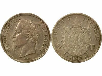 France Napol�on III - 2 Francs Argent, T�te Laur�e - 1867 A Paris